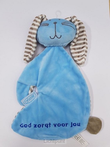 Konijn tutdoek God zorgt blauw