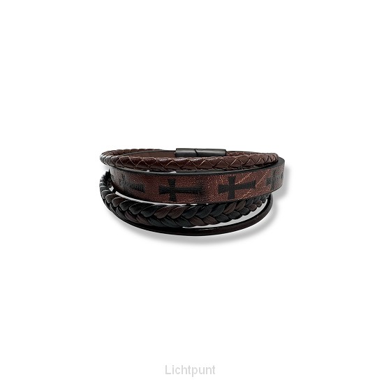 Leren armband diepdruk kruisjes bruin  2