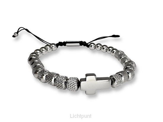 Armband  RVS kralen kruisje zilver