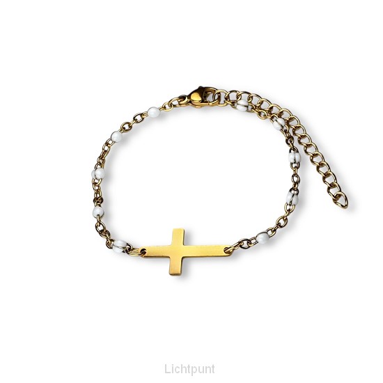 Armband kruisje-kralen XS - wit-goud
