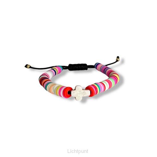 Trekkoord armband gekleurde kralen  roze